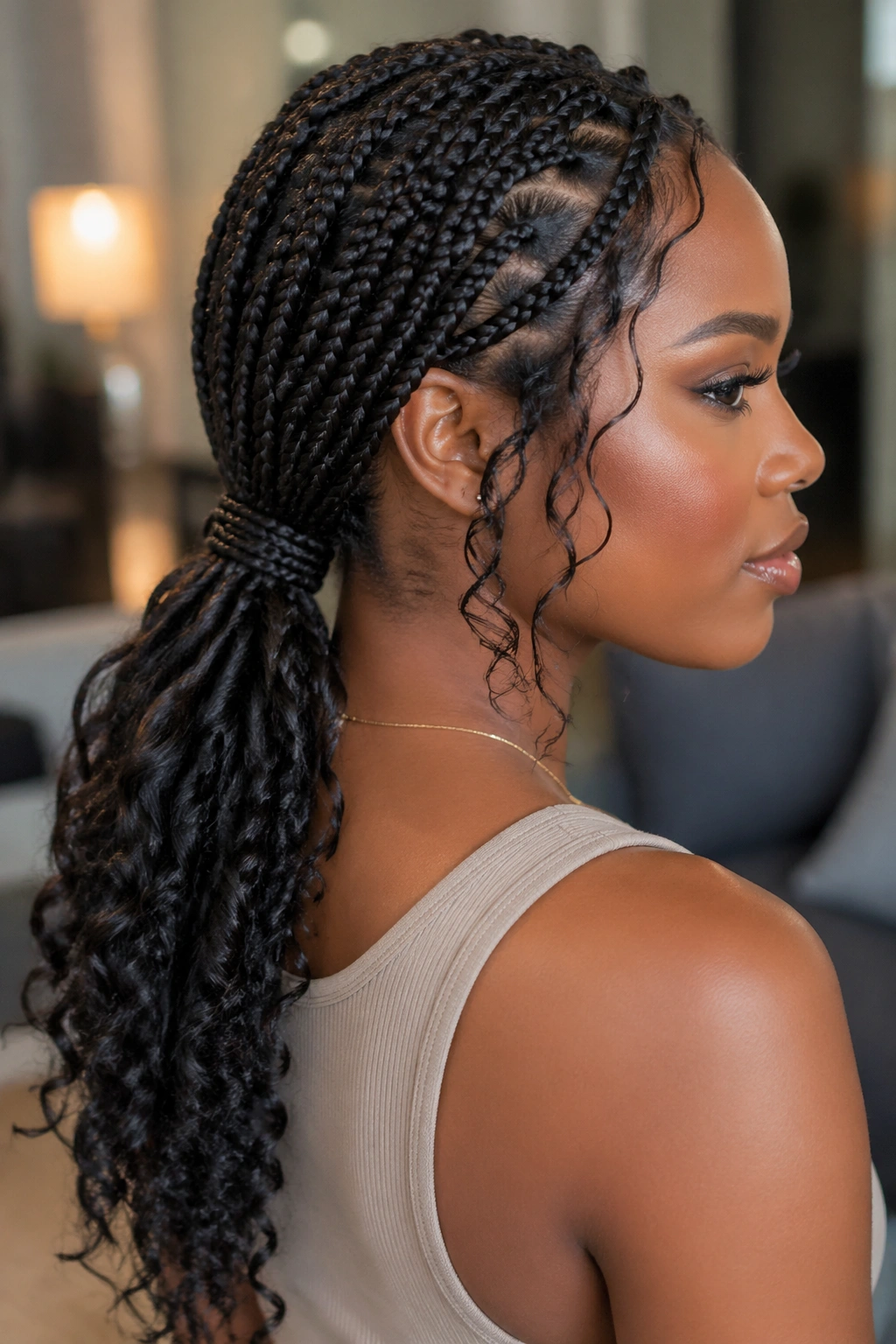 Close-up of a real woman with a low ponytail of goddess box braids under soft lighting