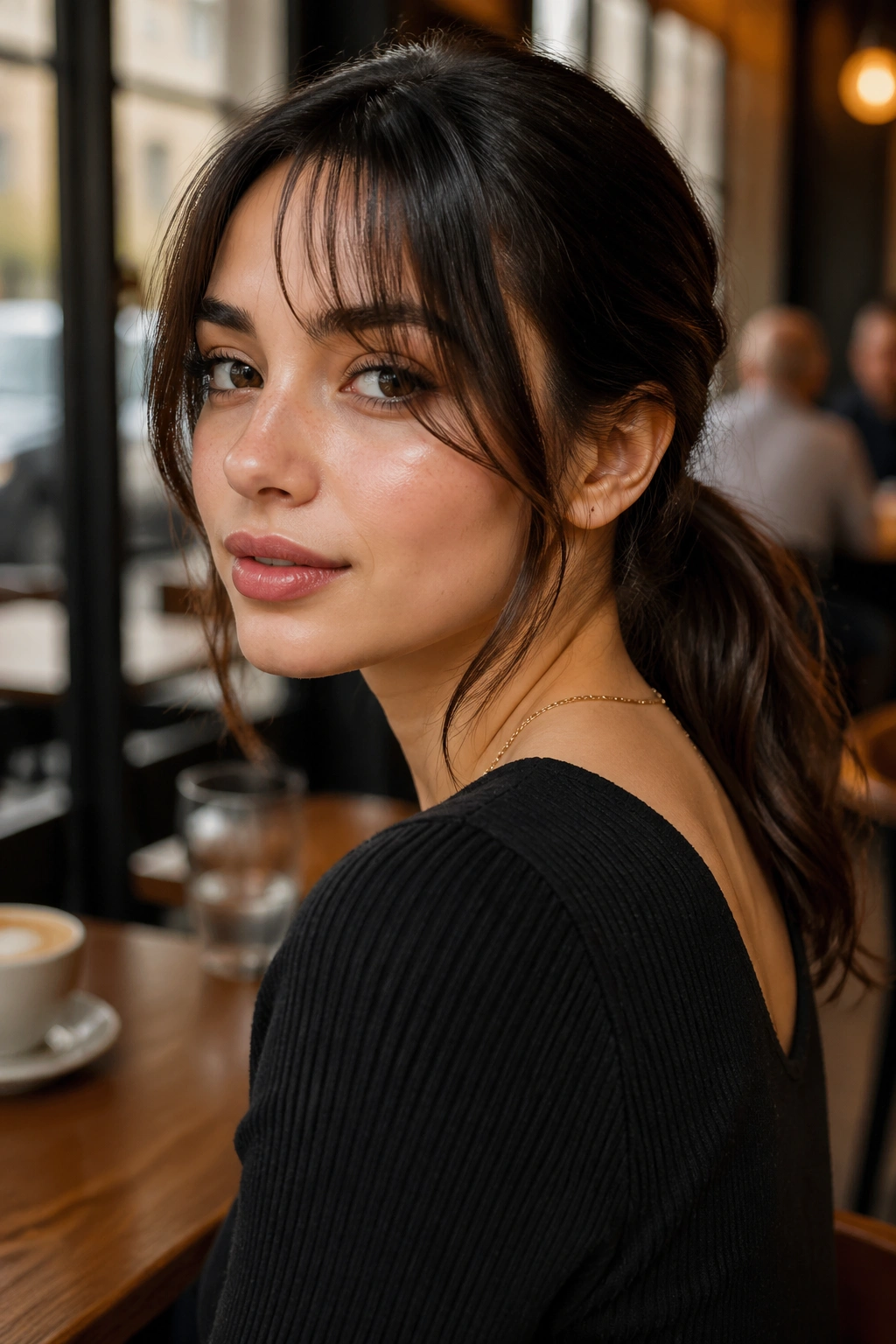 Three-quarter portrait of a woman with a low ponytail and wispy bangs in a cafe setting.