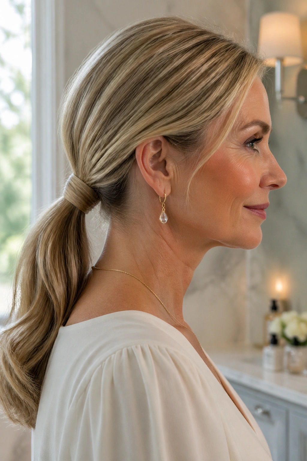 Close-up portrait of a real woman with a low ponytail wrapped base.