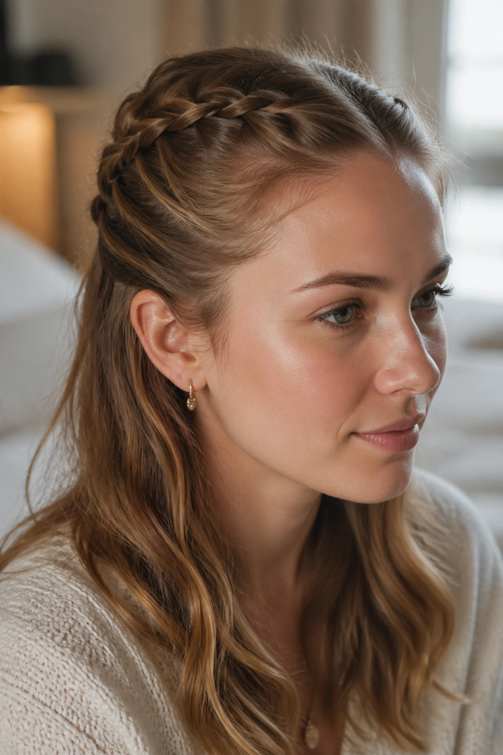 Close-up portrait of a real woman with a low-profile half-up braid on fine hair in warm light