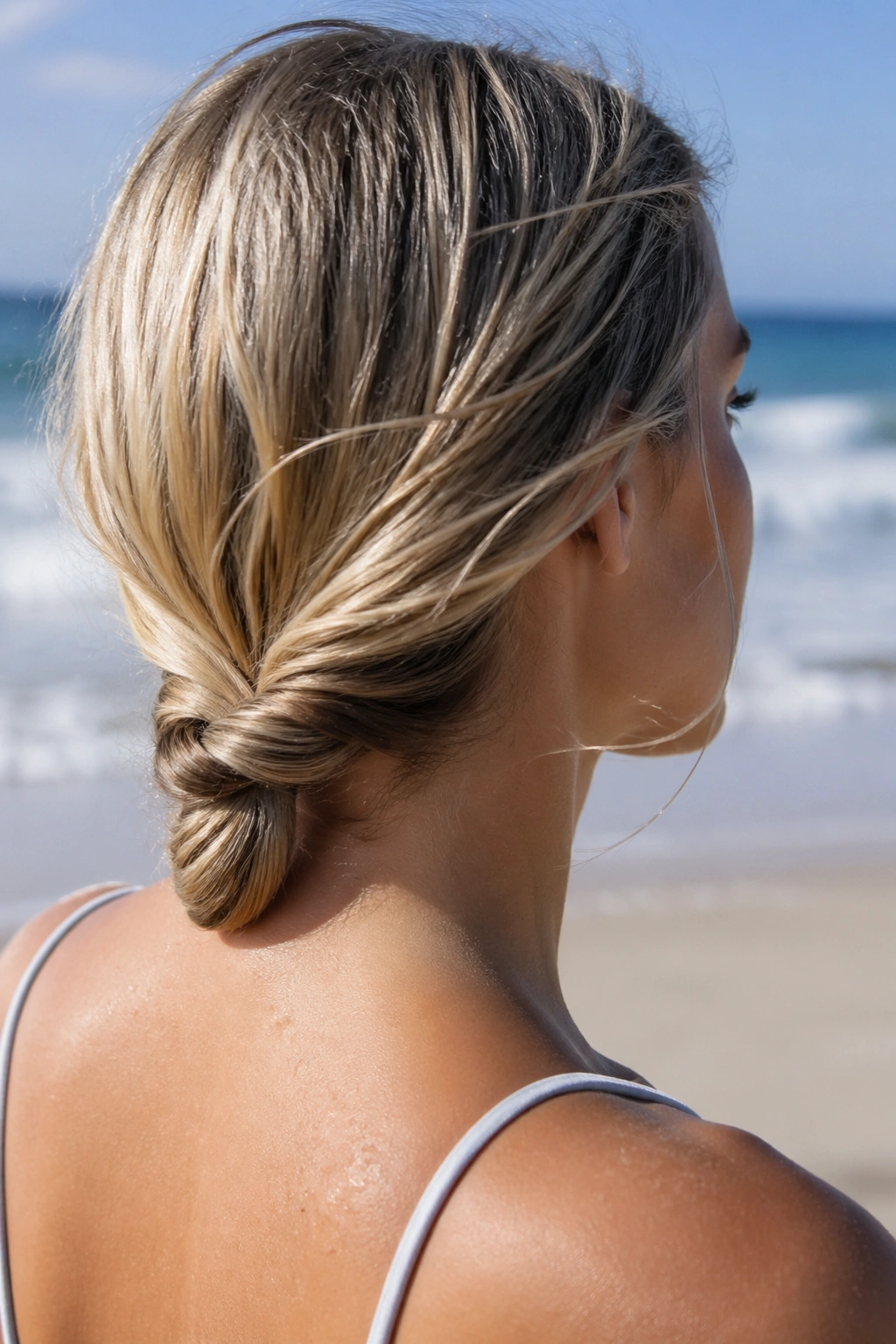 Close-up portrait of a real person with a low rope braid at the nape on a beach setting
