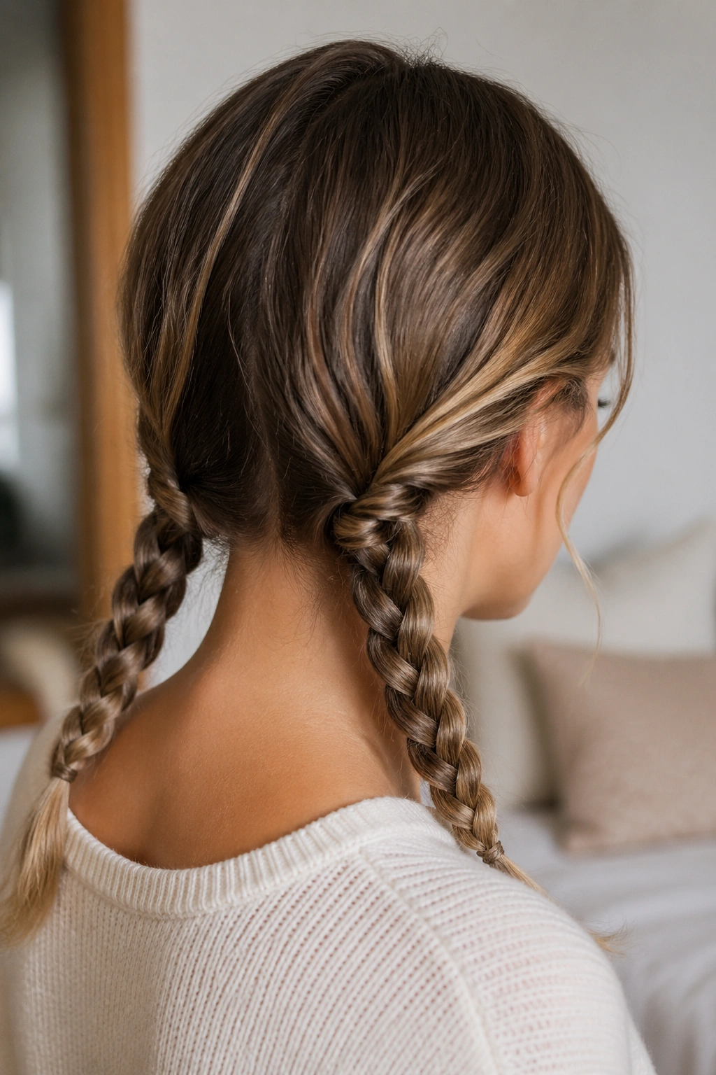 Back view of person with low rope braid pigtails at the nape