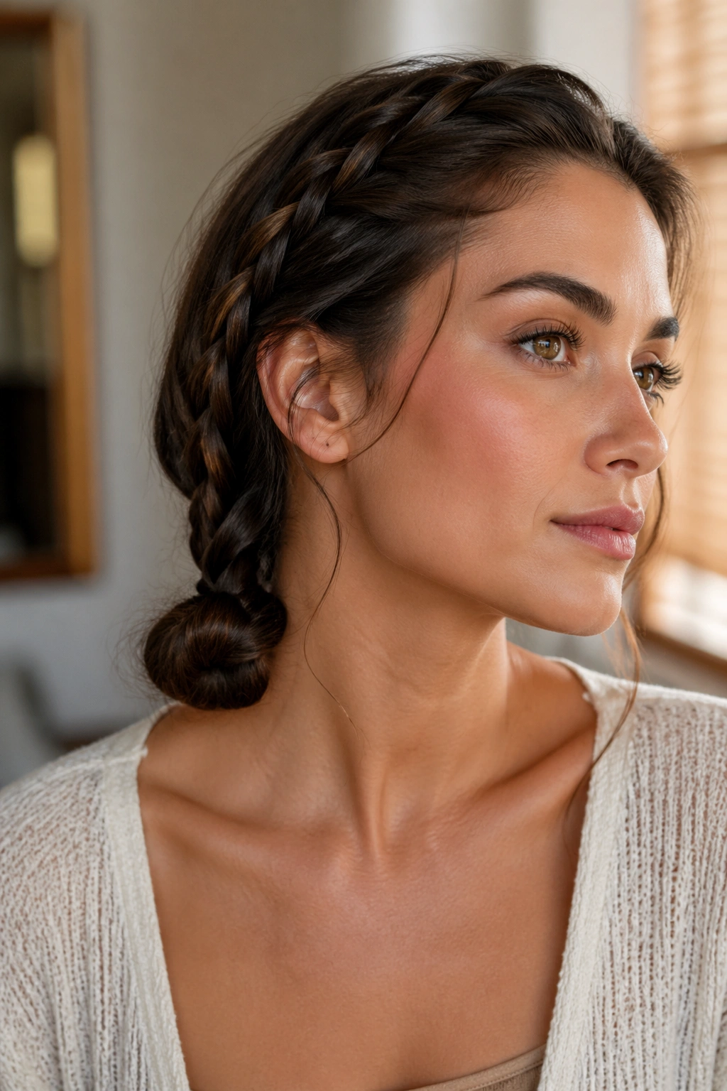 Profile close-up of a person with a low side braid knot at the nape