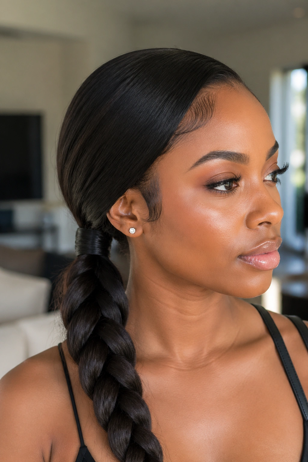 Close-up of real woman with a low side braid ponytail wrapped base