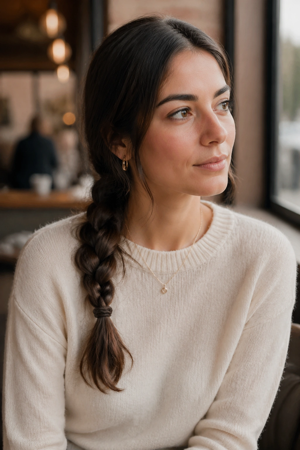 Close-up of a real woman with a low side braid draping over one shoulder in natural light.