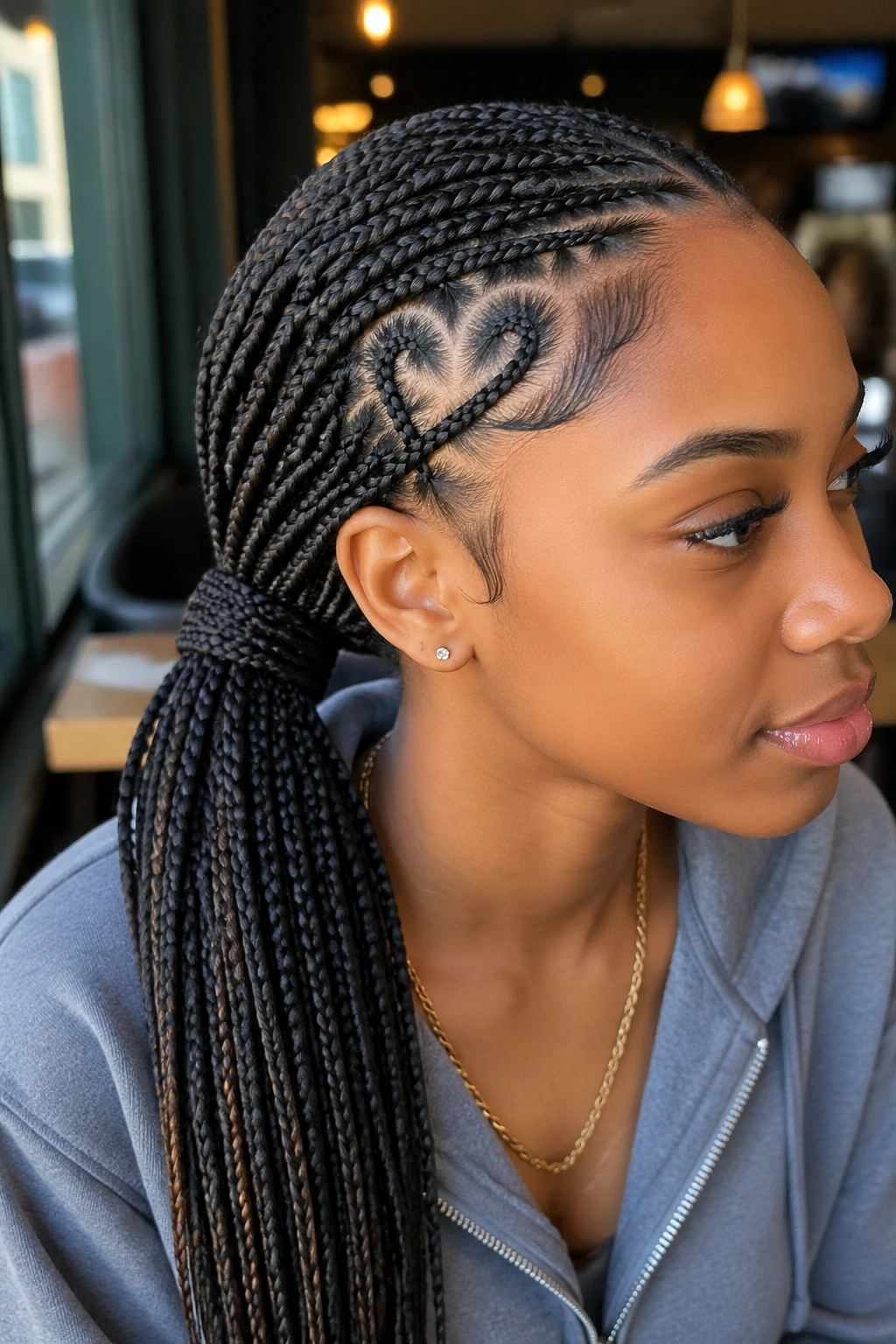 Close-up of real woman with low side ponytail and heart at temple knotless braids