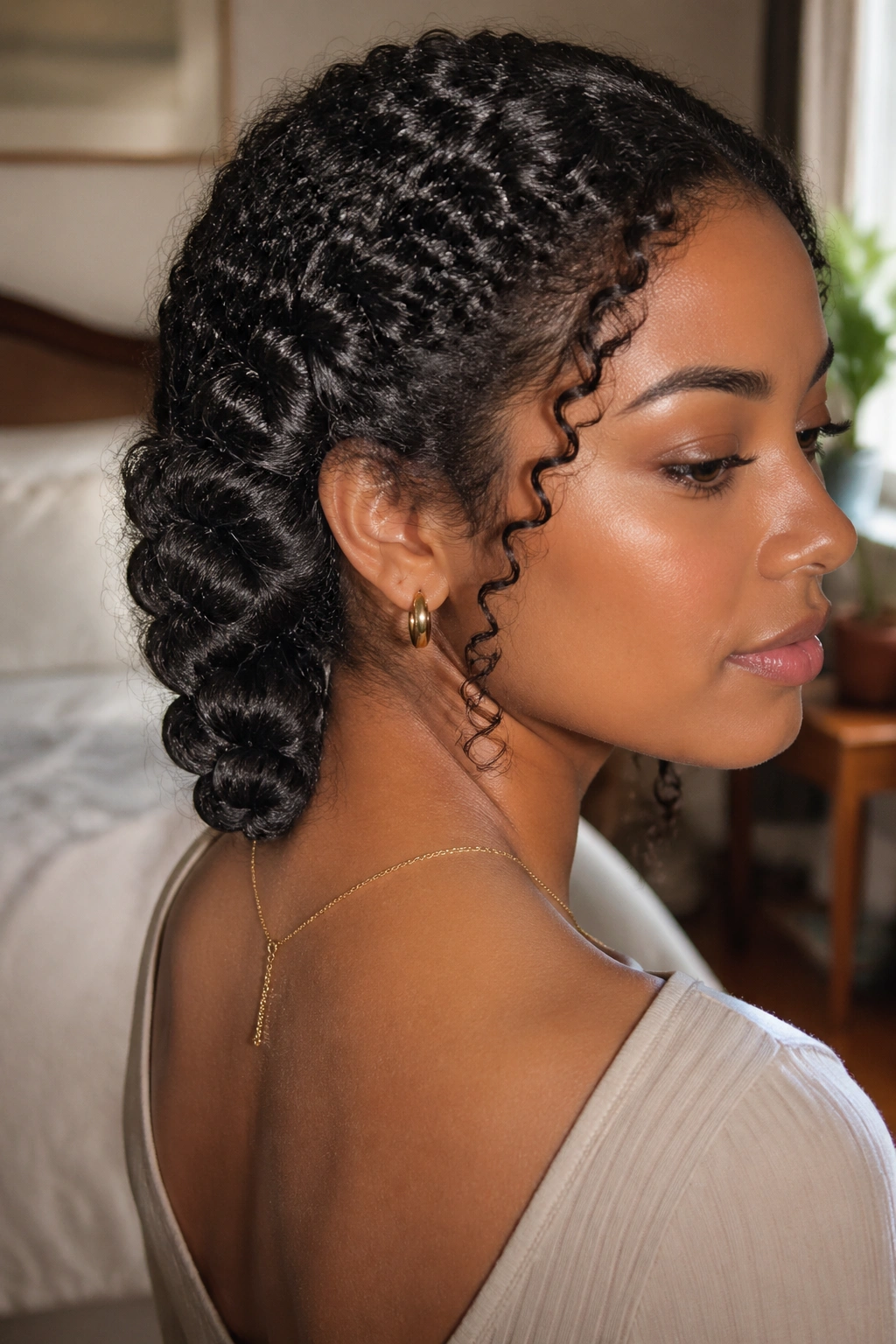 Close-up of a real woman with a low side rope braid at the nape and defined 3B/3C curls