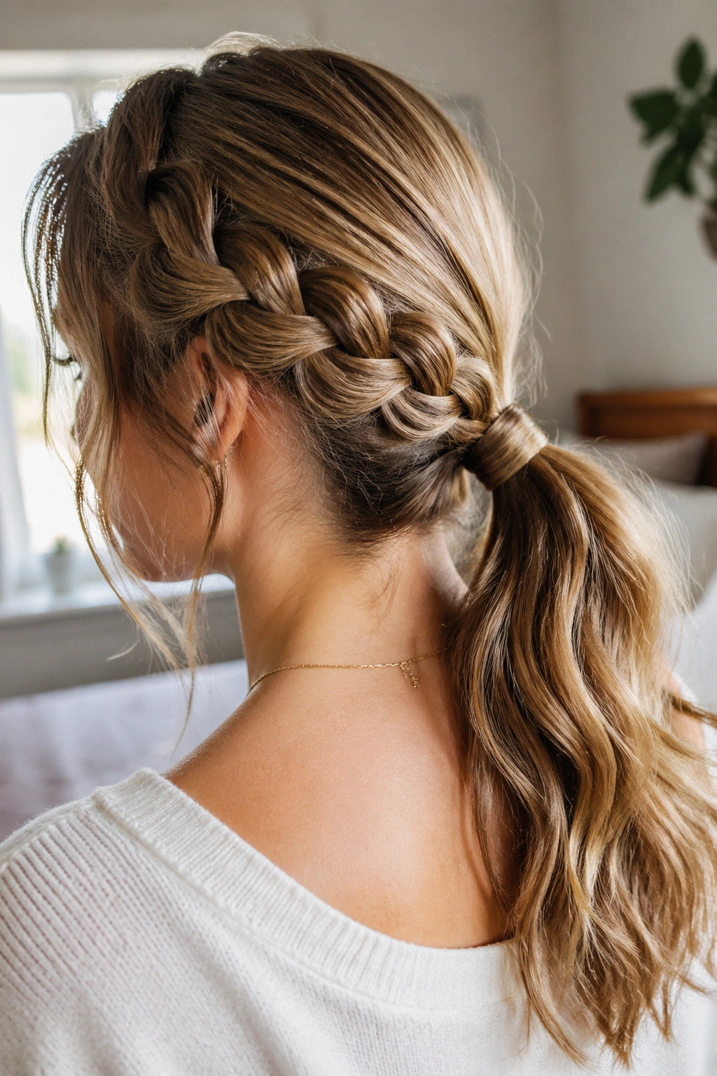 Close-up of a real woman with a low snake braid ponytail at the nape in warm bedroom light