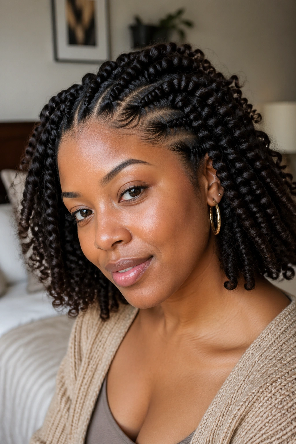 Real woman with low-tension braid-out showing comfortable scalp