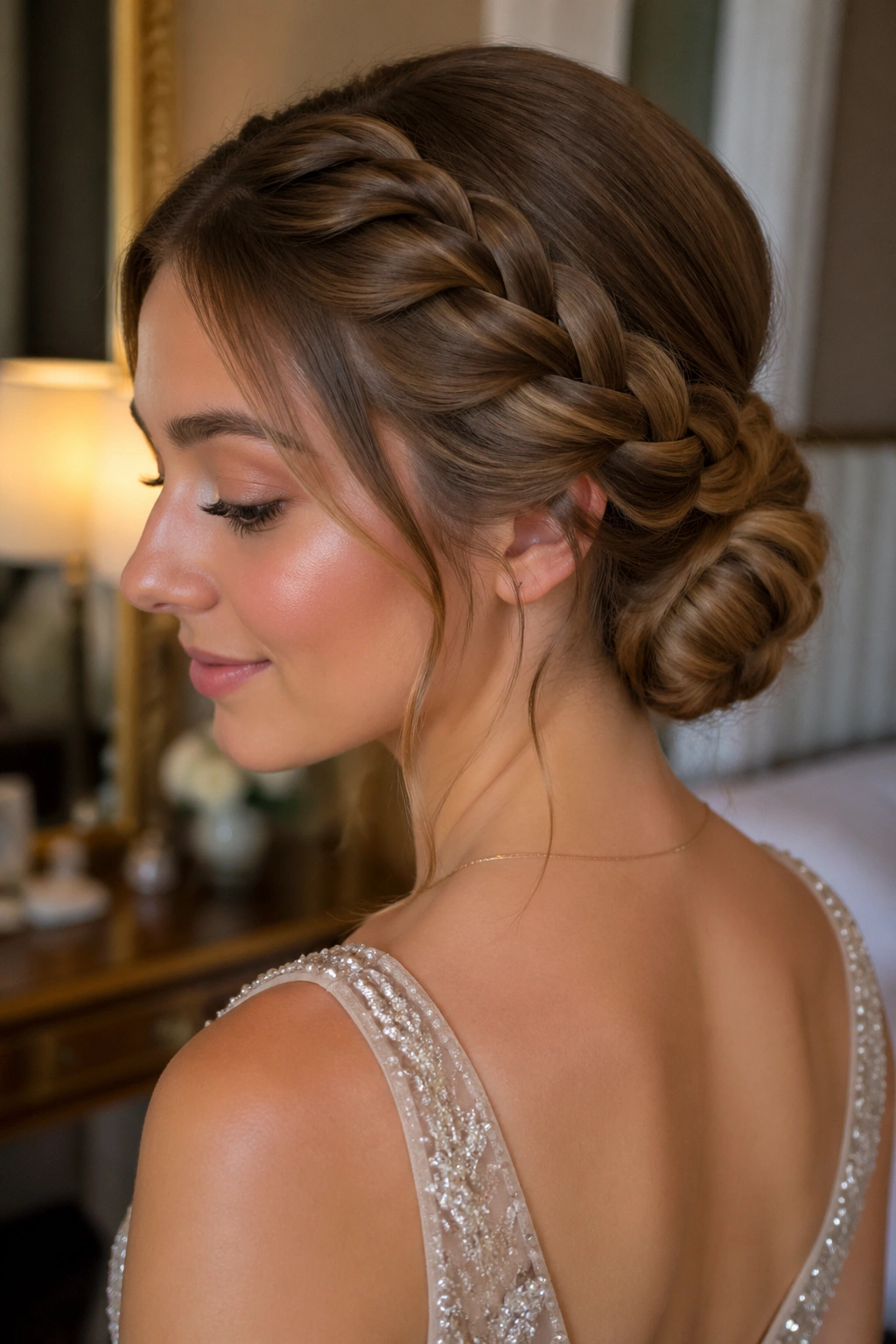 Close-up of a real person with a low-twist dragon braid forming a neat chignon at the nape