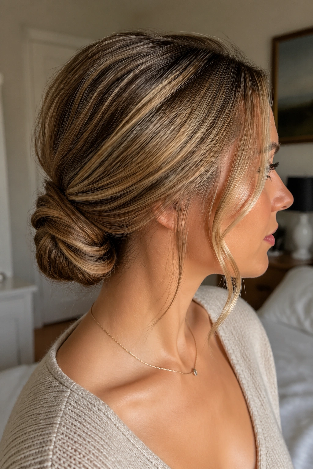 Close-up portrait of a woman with a low twisted chignon at the nape