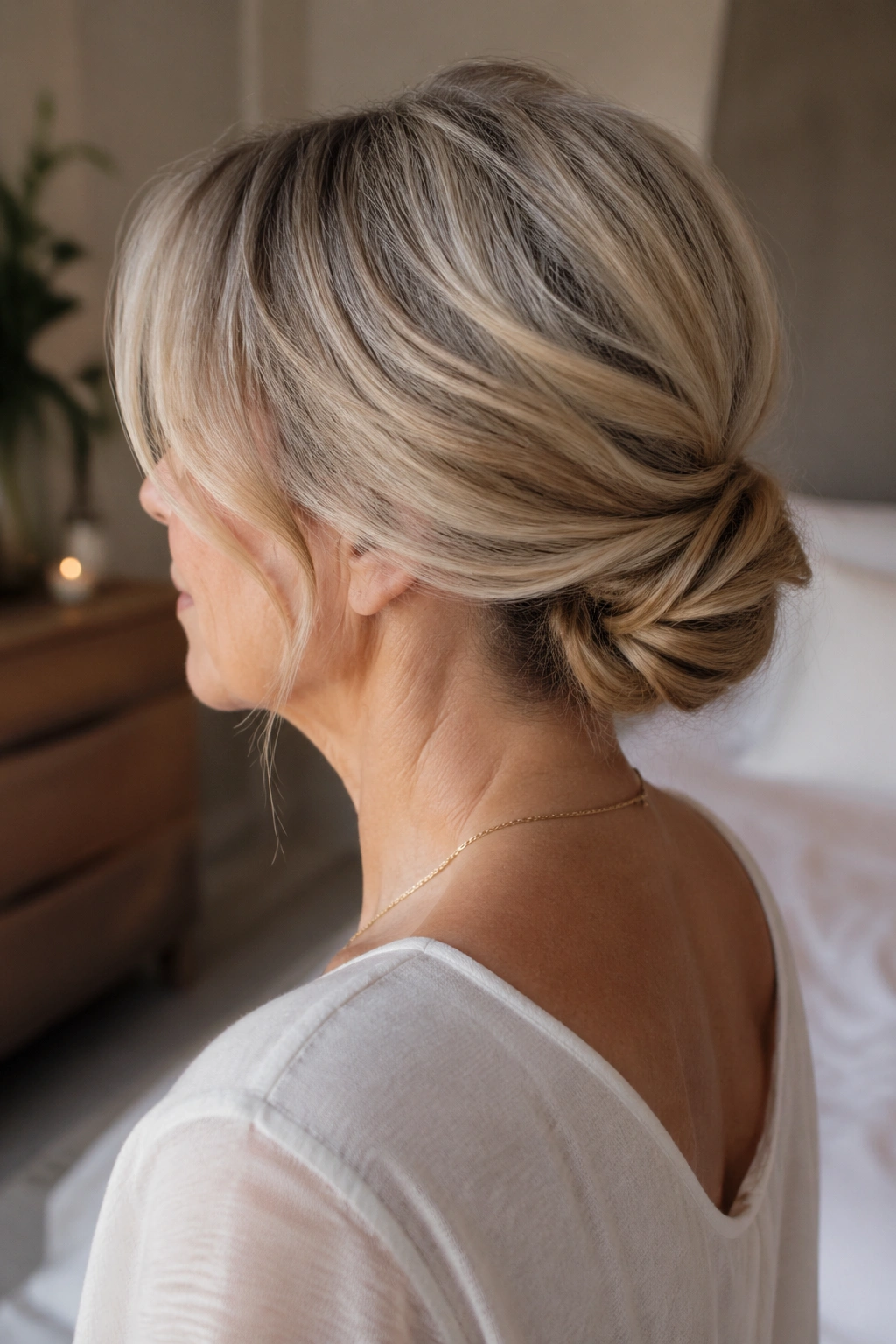 Side/back portrait of a real woman with a low twisted chignon at the nape
