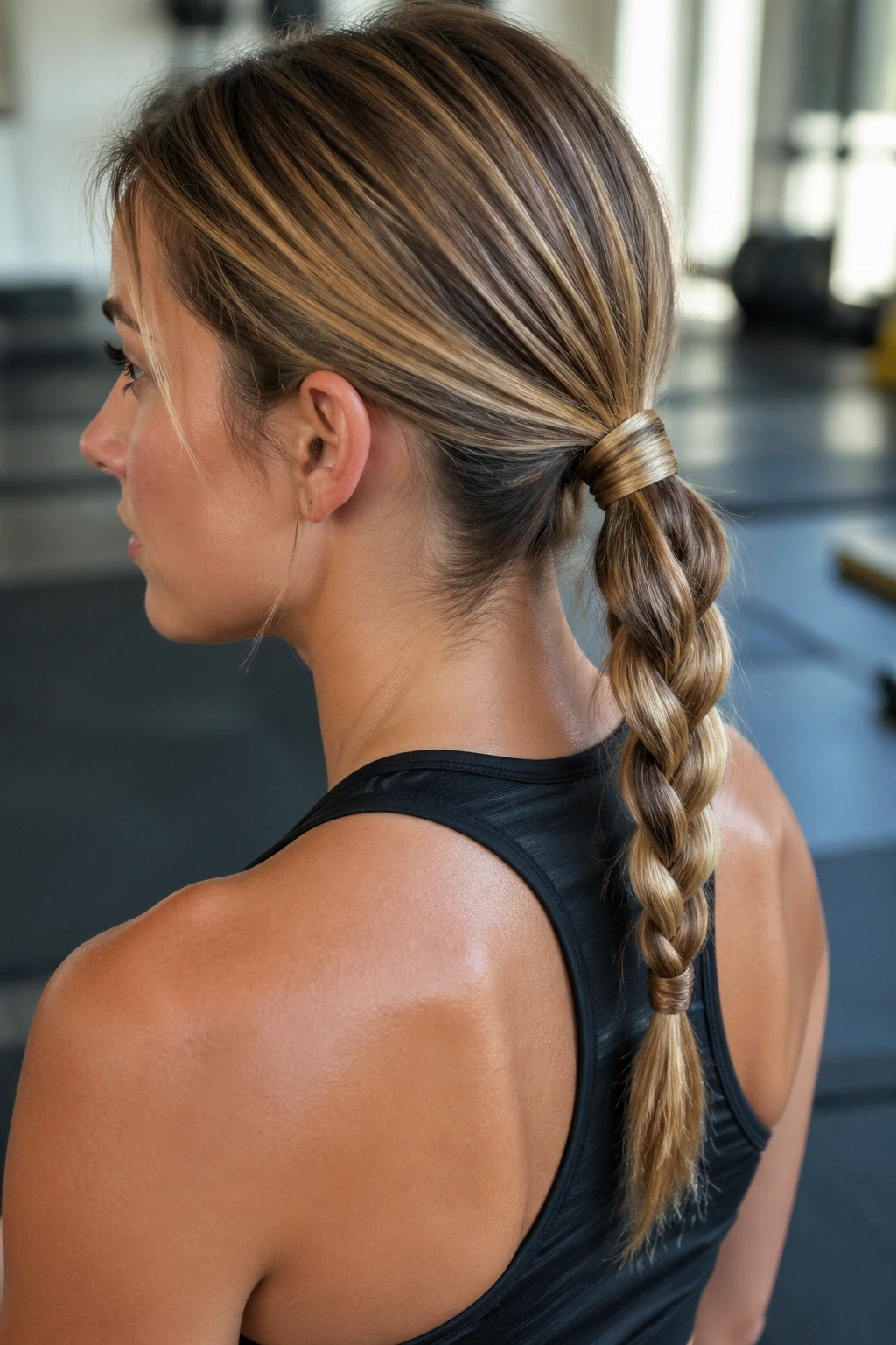 Close-up of low wrapped braid ponytail on a real woman at the gym