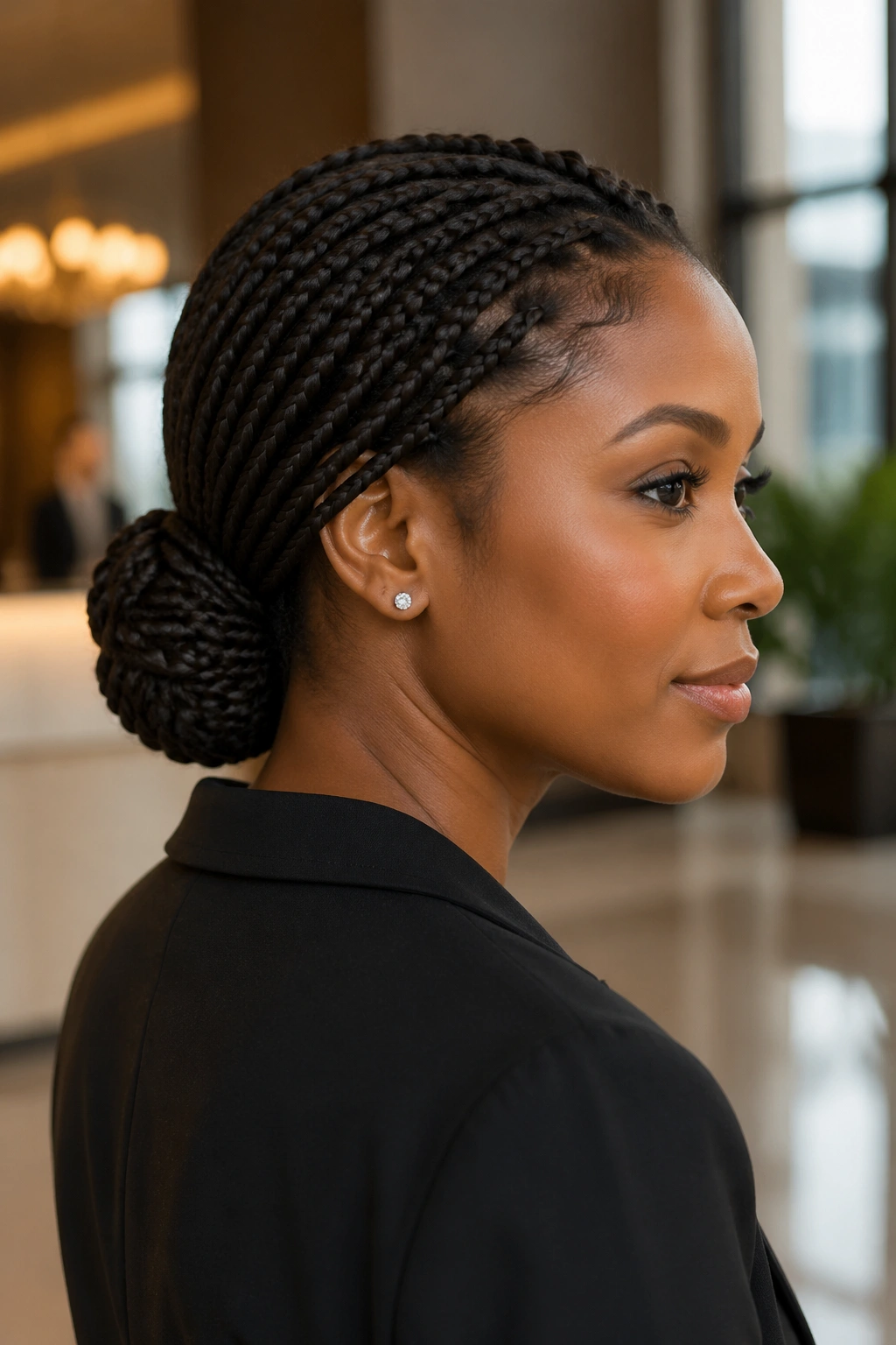 Close-up of a real person with a low wrapped bun made from medium box braids