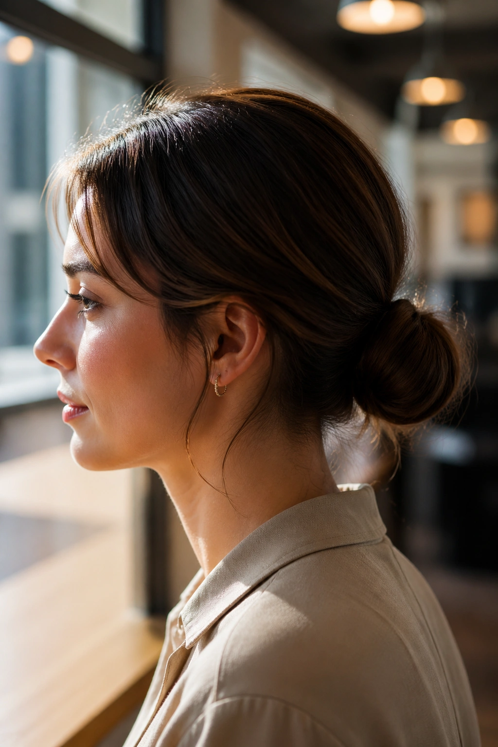 Side profile of woman with a low wrapped pony bun
