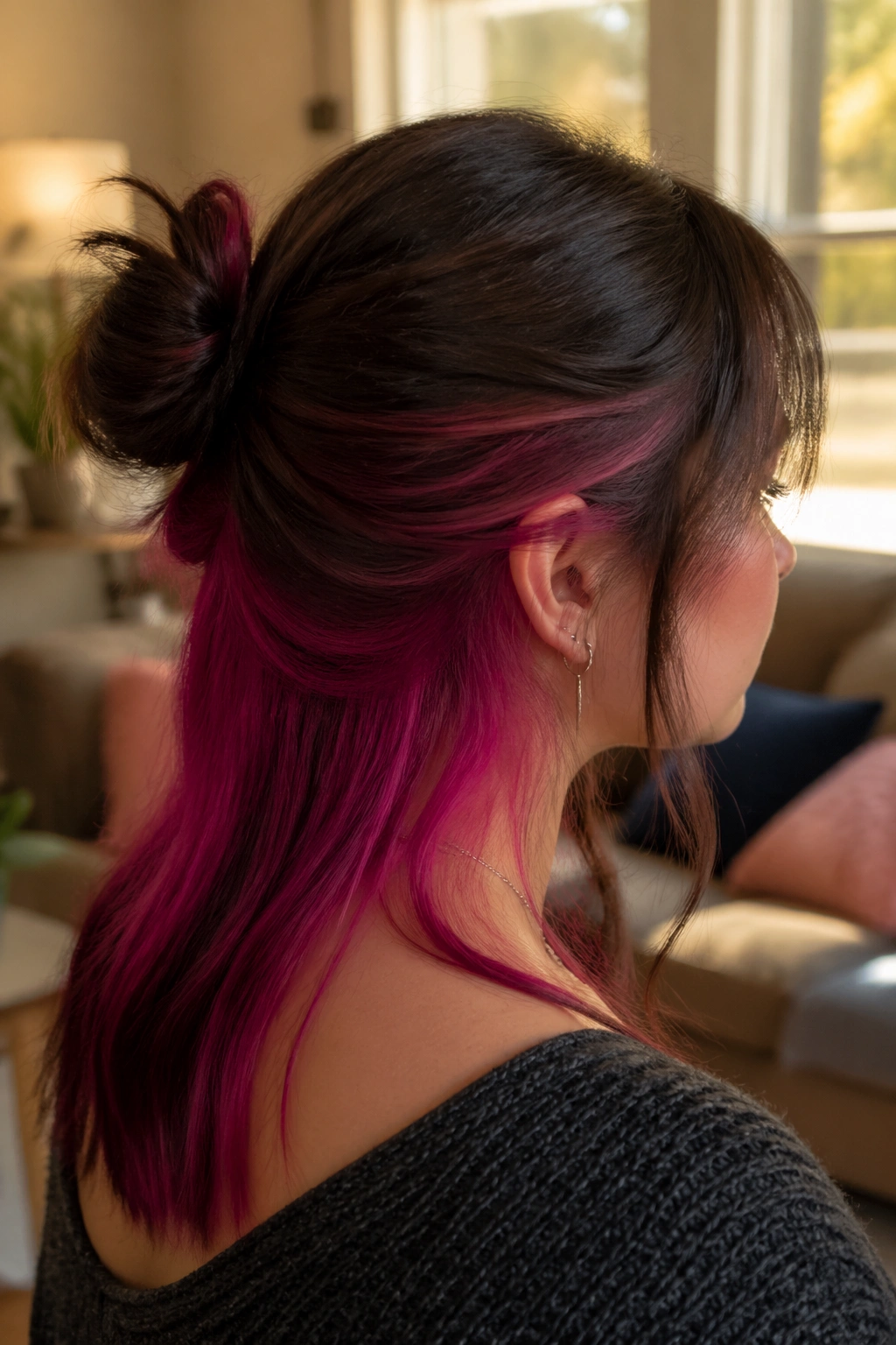 Real person with magenta underlights visible under the top hair layer.