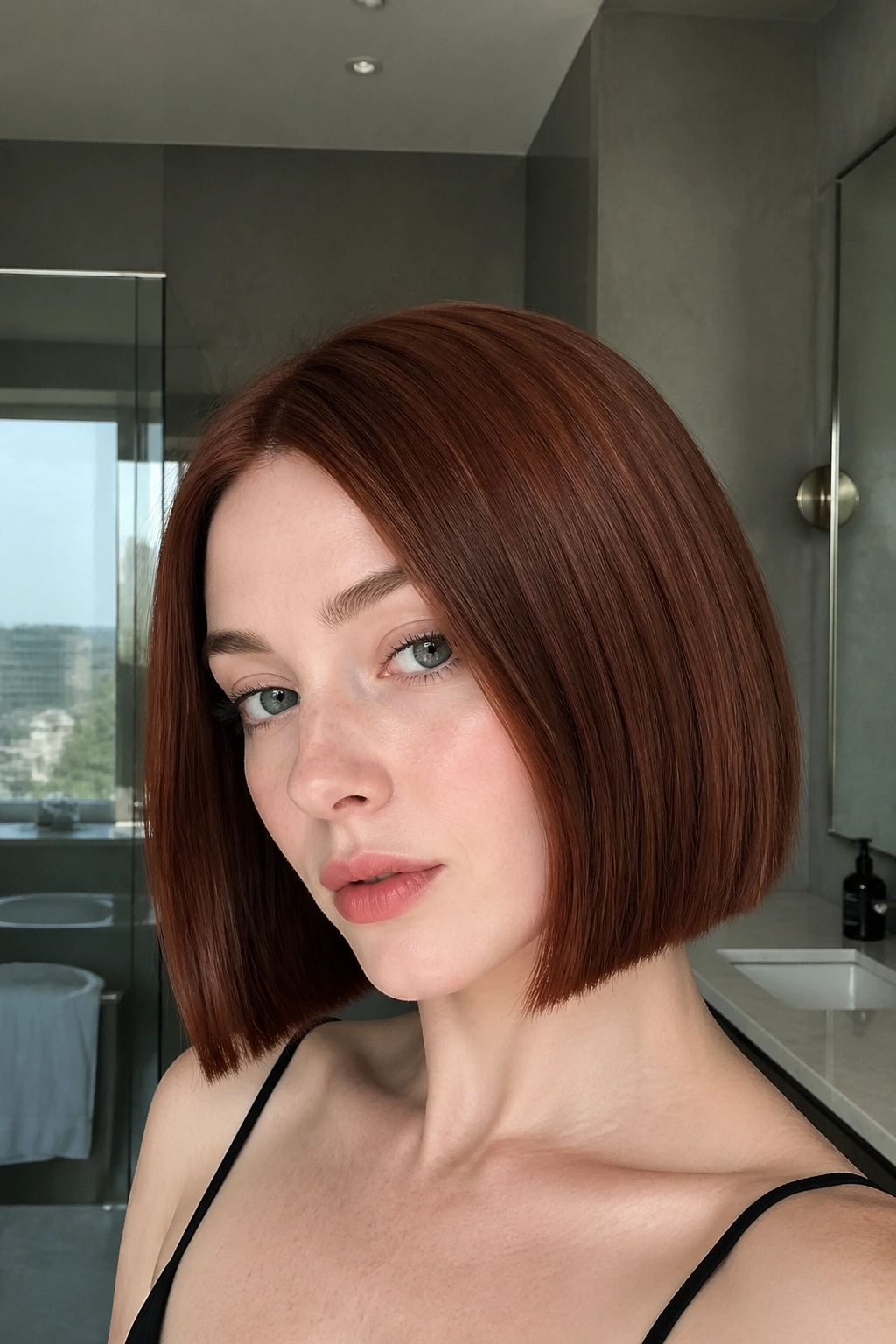 Close-up of woman with mahogany auburn blunt bob.