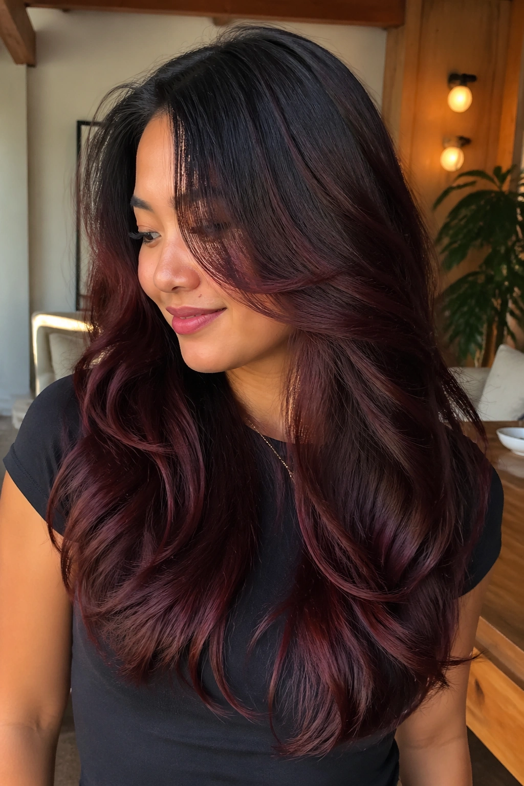 Portrait of a woman with mahogany balayage on long layered hair, deep red-brown tones and diffuse lighting.