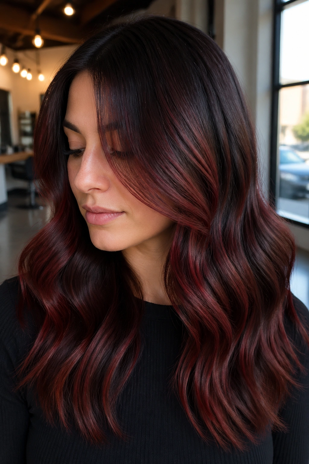 Close-up portrait of a real person with mahogany balayage and dark roots