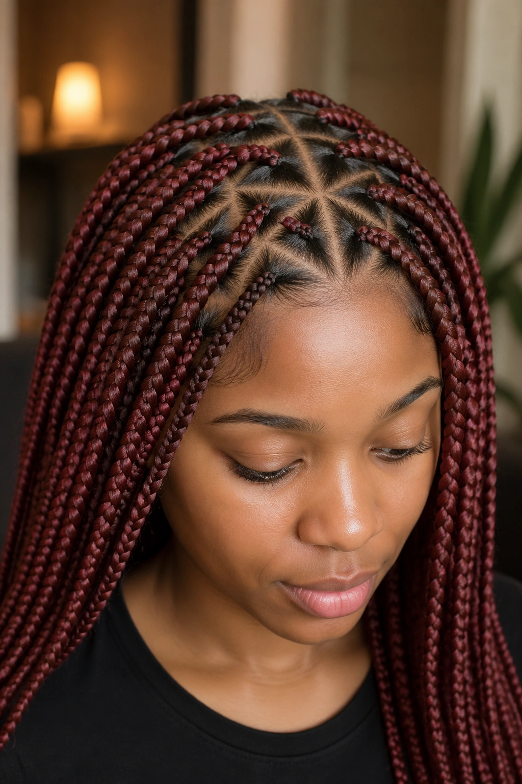 Close-up of a real woman with mahogany knotless braids in triangle parts