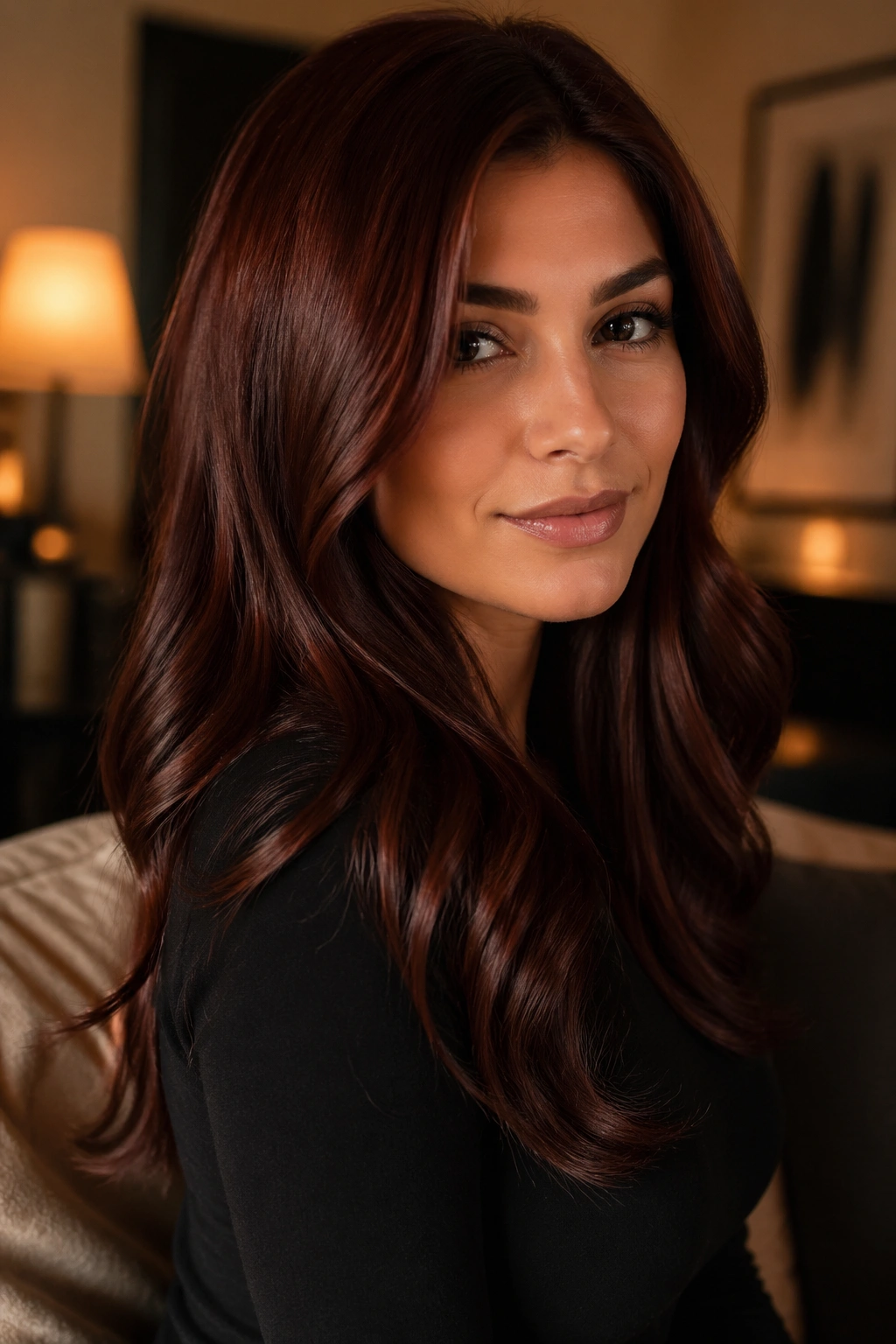 Close-up real woman with mahogany brown gloss hair