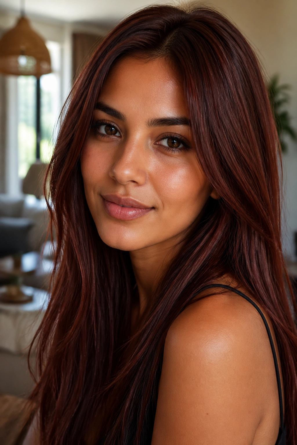 Close-up of a real woman with mahogany brown hair featuring red-brown depth in warm window light