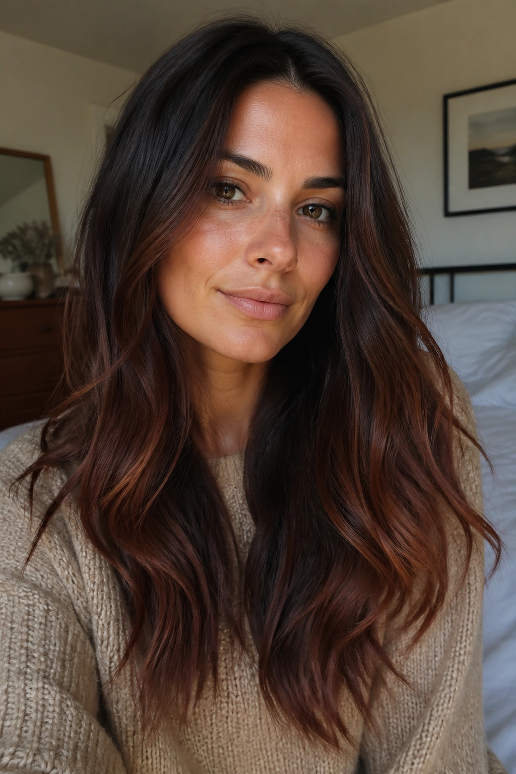 Close-up portrait of a real person showing brunette base with mahogany ends