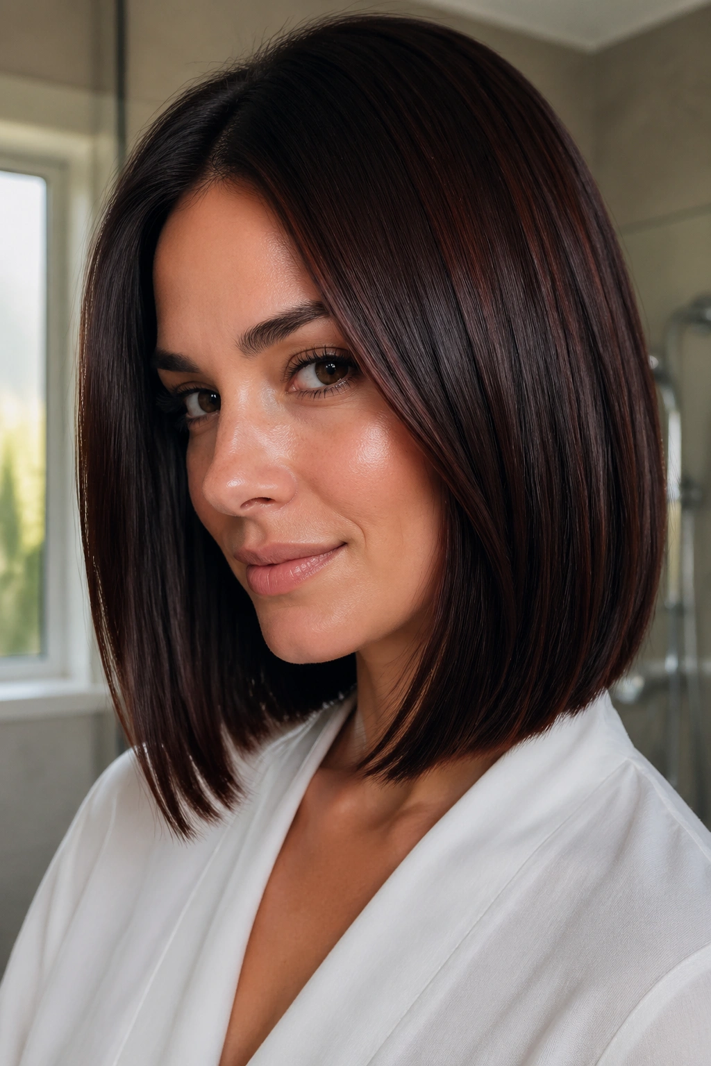 Close-up of a real person with deep mahogany hair and espresso depth in a blunt bob