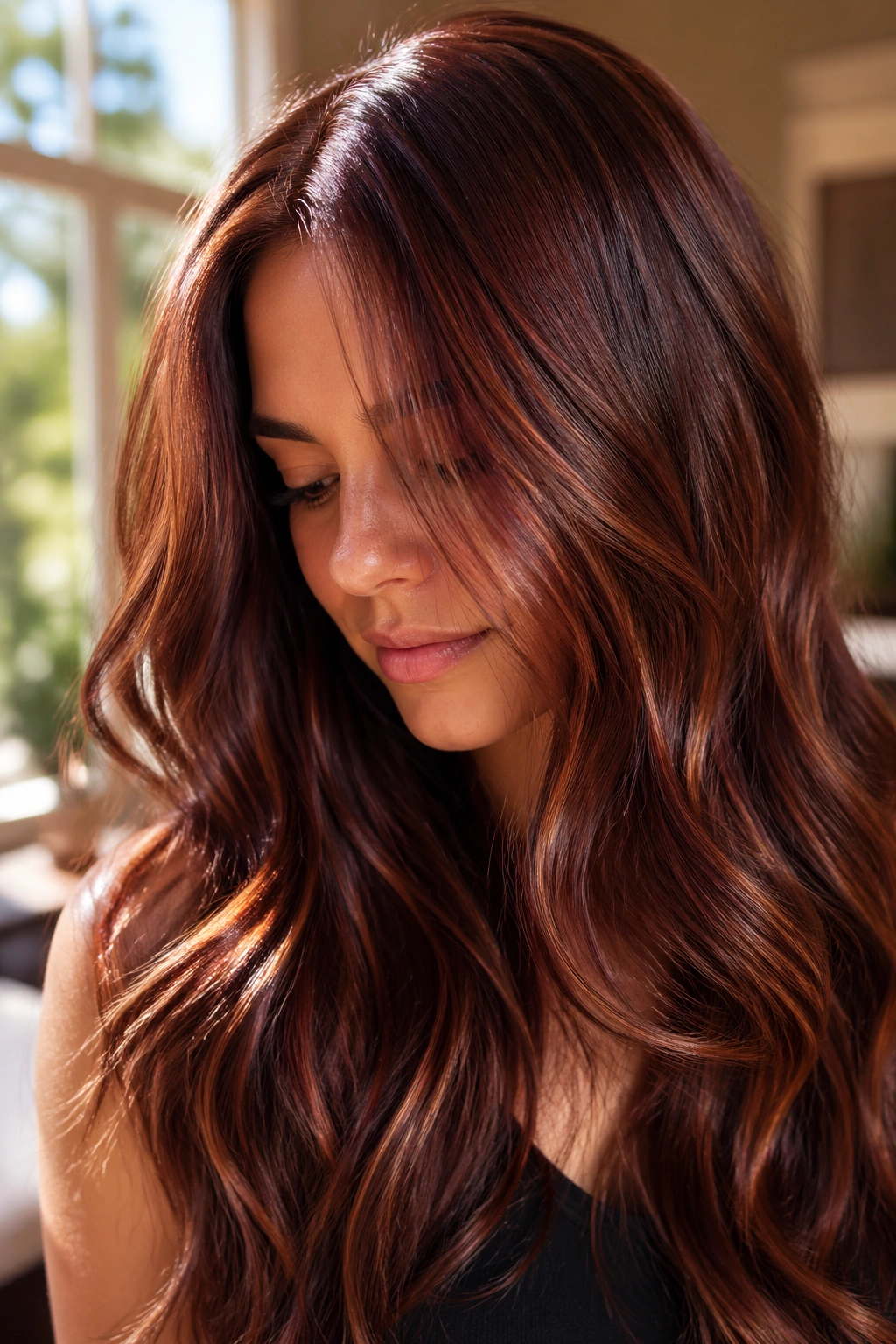 Close-up portrait of a real woman with sunlit mahogany hair and micro-highlights