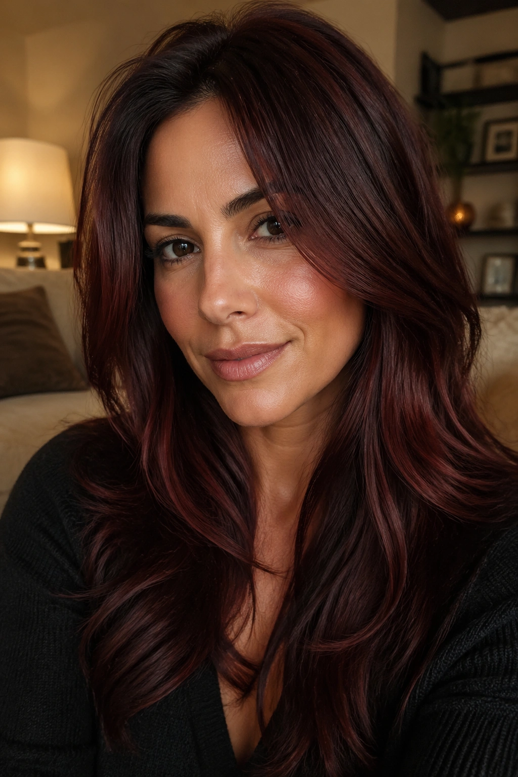Close-up portrait of a woman with mahogany mocha hair in warm lamp light