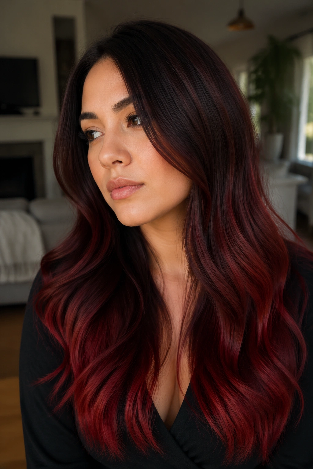 Portrait of a real person with mahogany ombre from dark roots to red ends