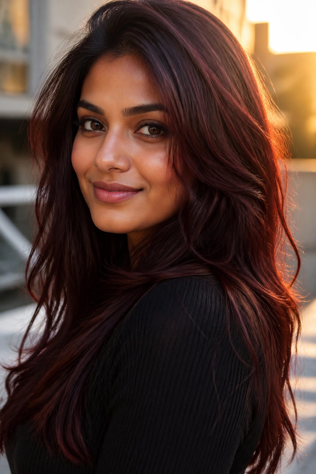 Close-up portrait of a real person with mahogany red-brown hair in golden hour light