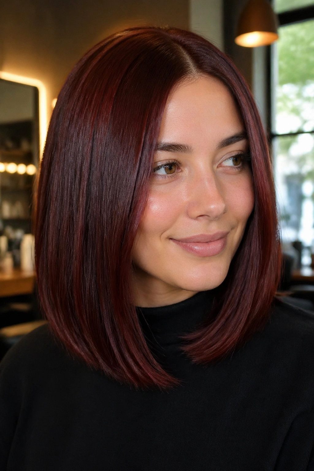 Close-up portrait of a real woman with a glossy mahogany straight lob, shoulder-length hair catching light