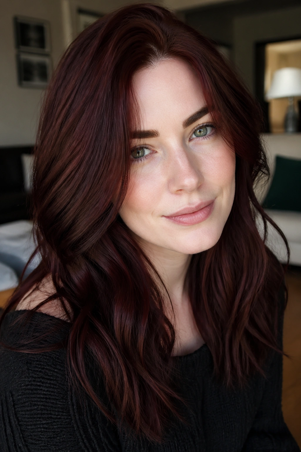 Close-up Mahogany Wine hair framing pale skin