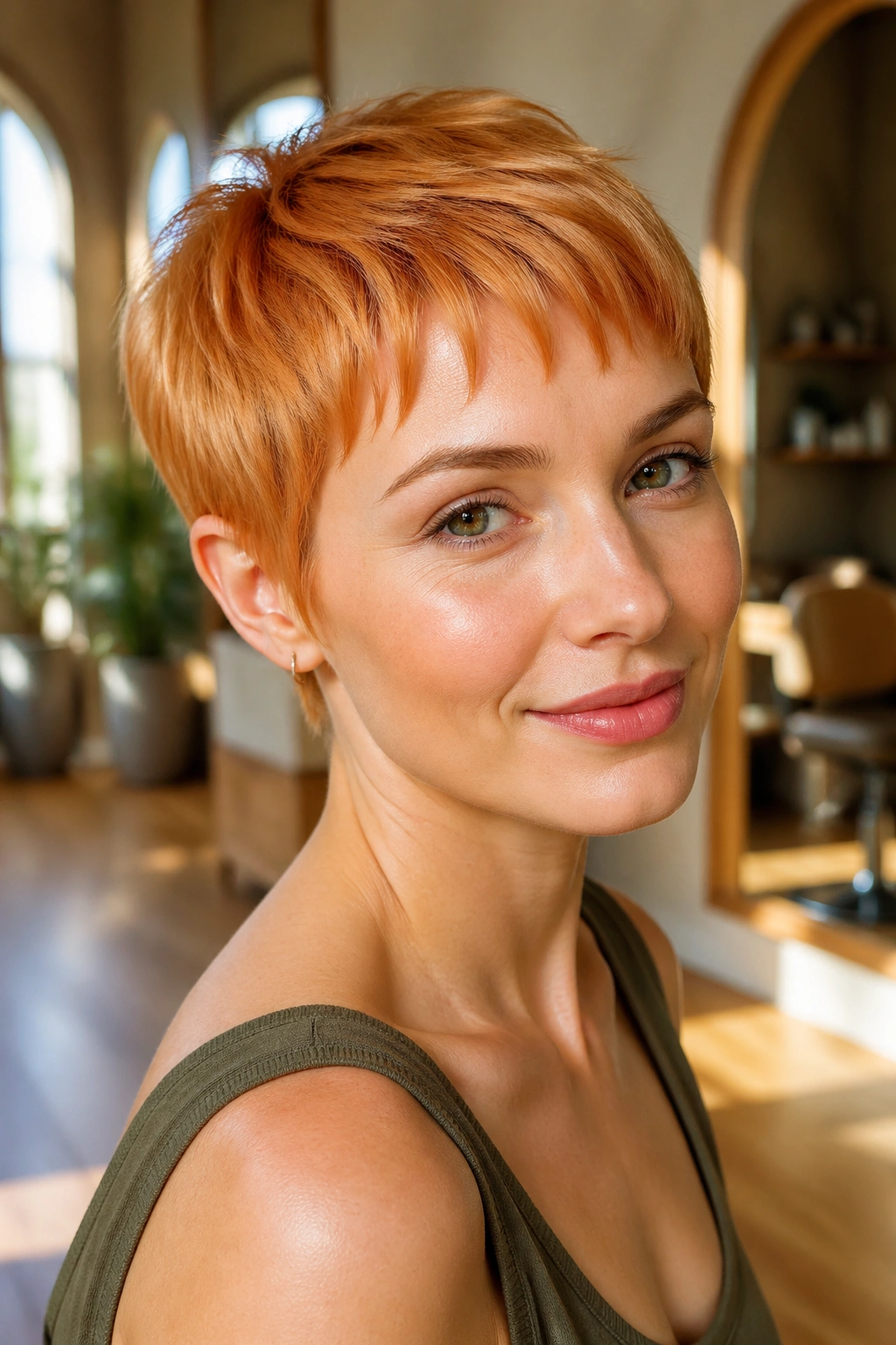 Real woman with mango glaze pixie hairstyle in sunlit salon