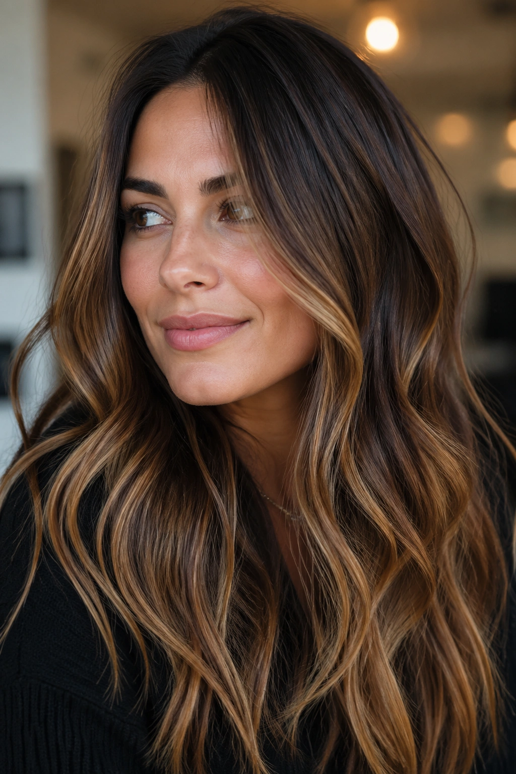 Close-up of a real woman with Maple Brown Balayage featuring maple-gold ribbons throughout mid-lengths