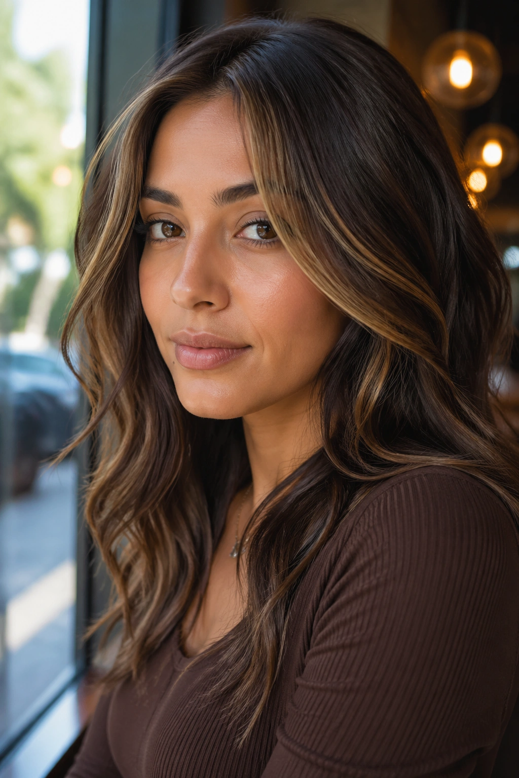 Close-up of a real woman with maple brown hair and face-framing pieces around the front hairline