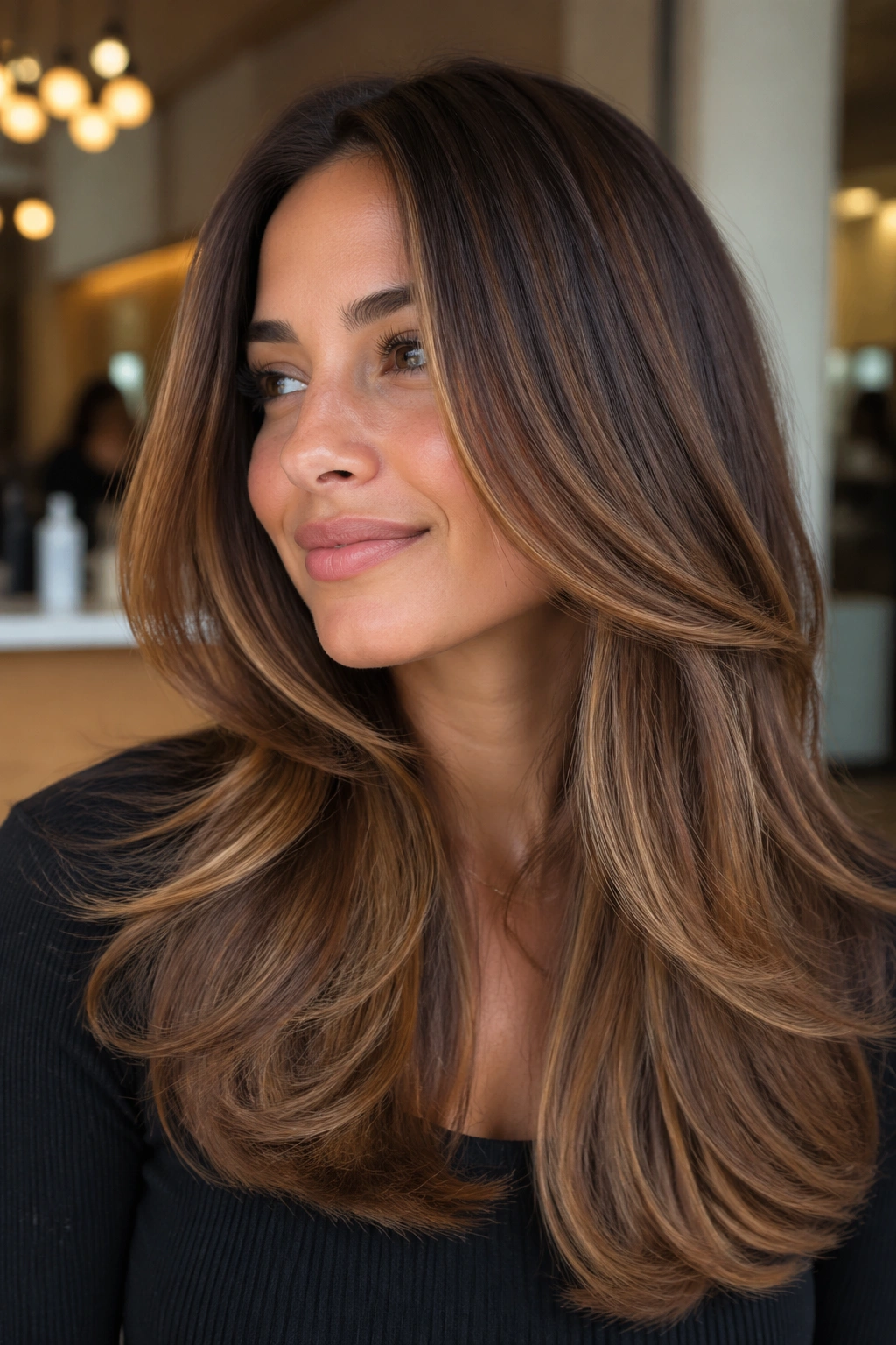Close-up of a real woman with maple brown blowout hair in warm salon lighting