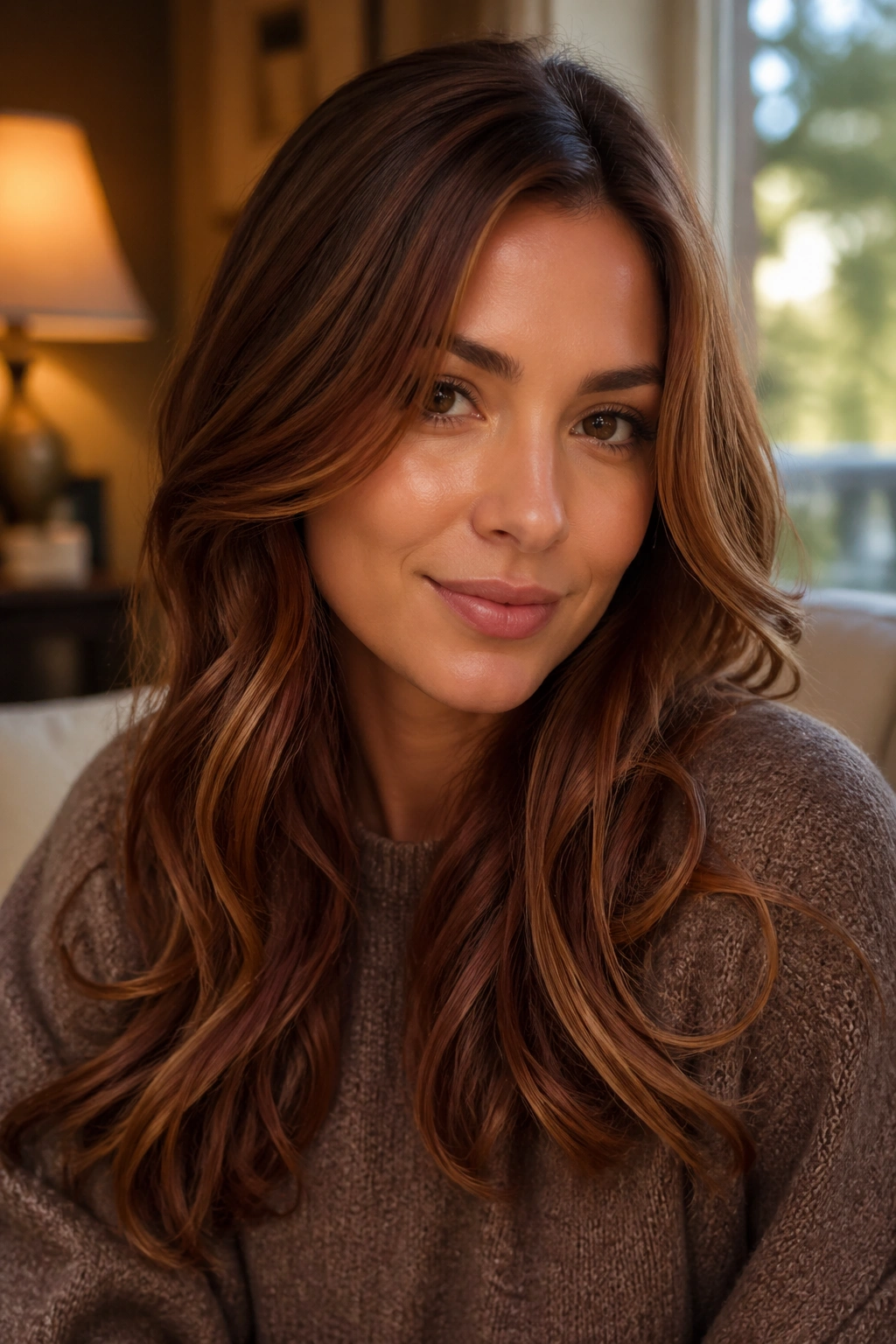 Close-up portrait of a real woman with maple brown hair in warm caramel-brown tones and subtle golden-red highlights.