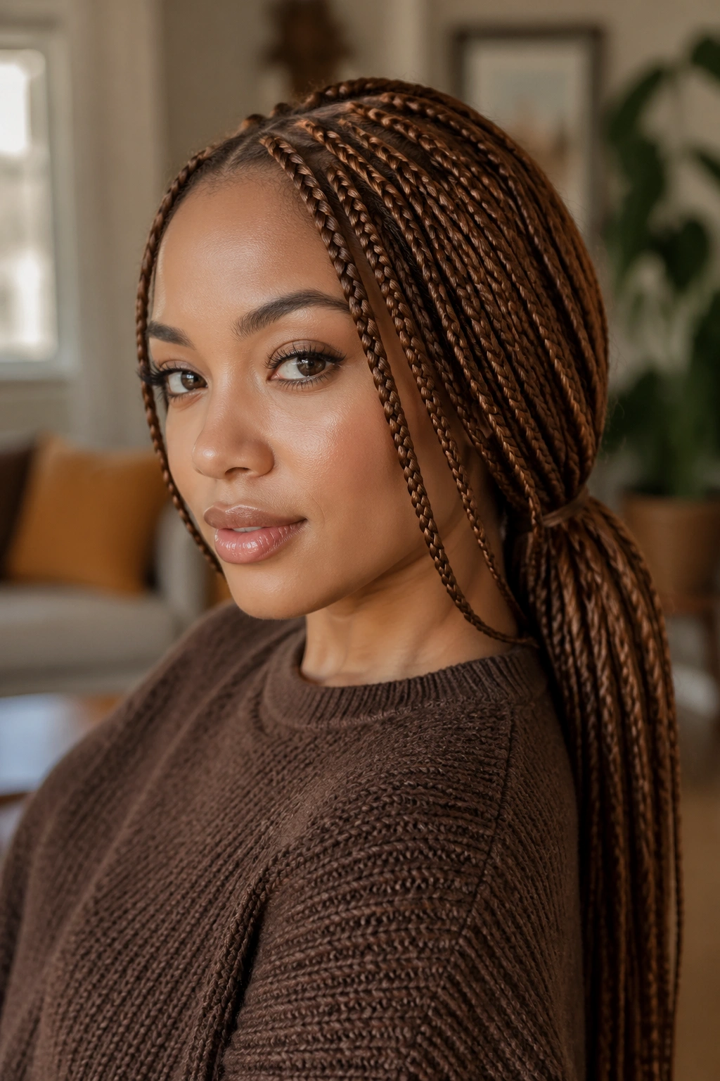 Real woman with waist-length maple brown knotless braids