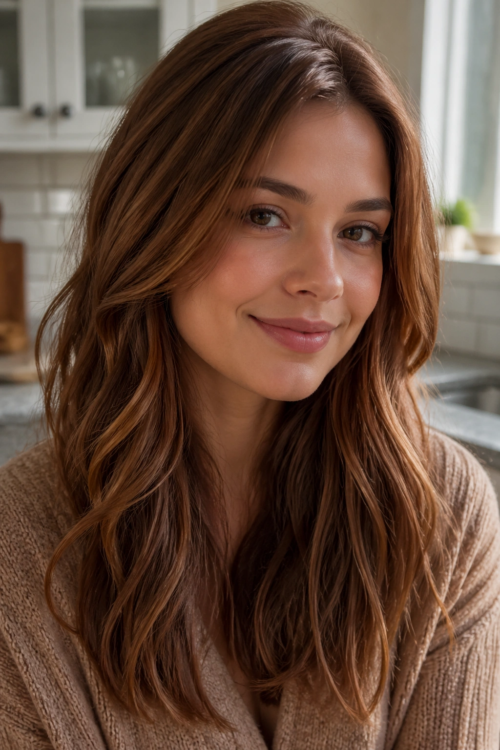 Close-up of Maple Brown hair with warm brown-sugar tones and muted red.