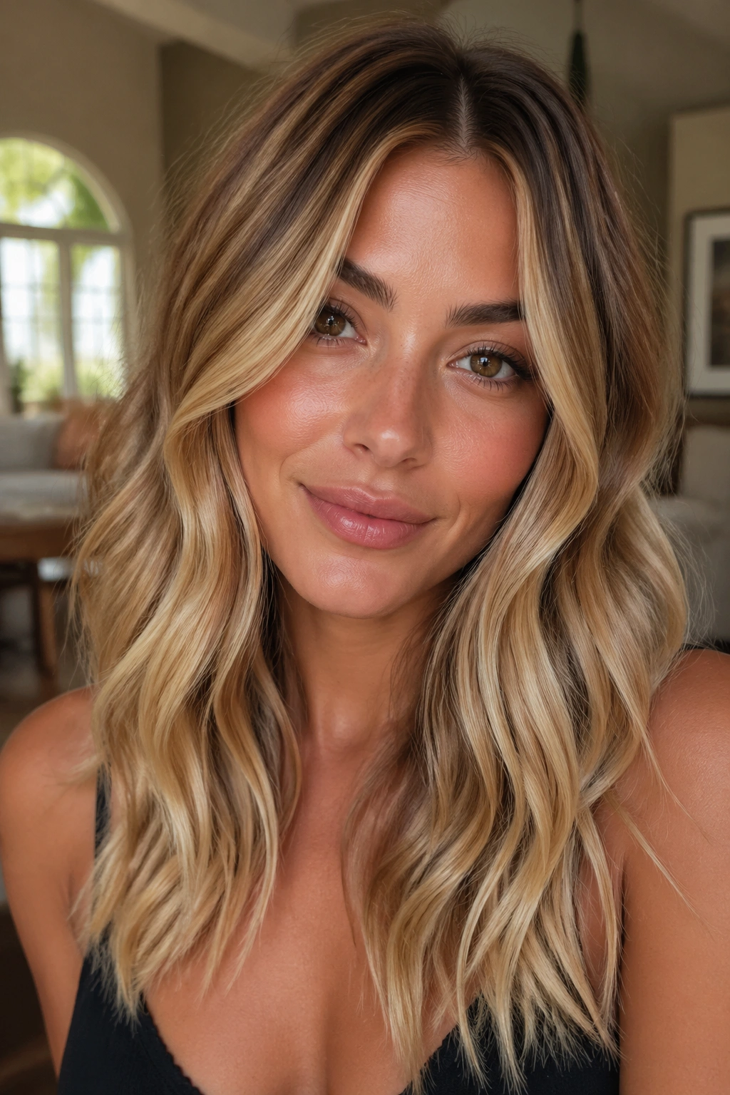 Close-up portrait of a real person with maple cream blonde hair in natural daylight