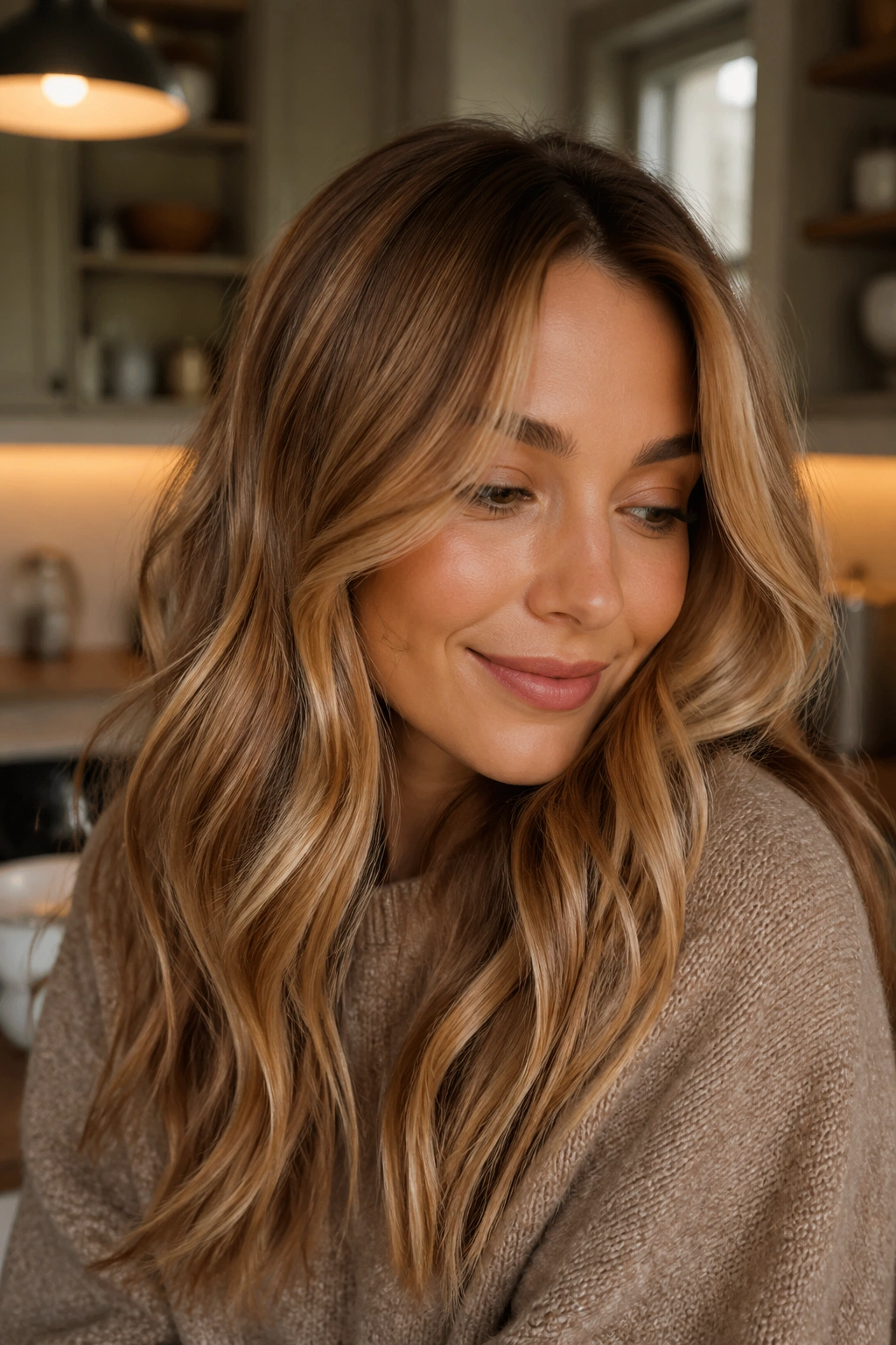 Close-up portrait of a real woman with maple syrup blonde hair in warm indoor light