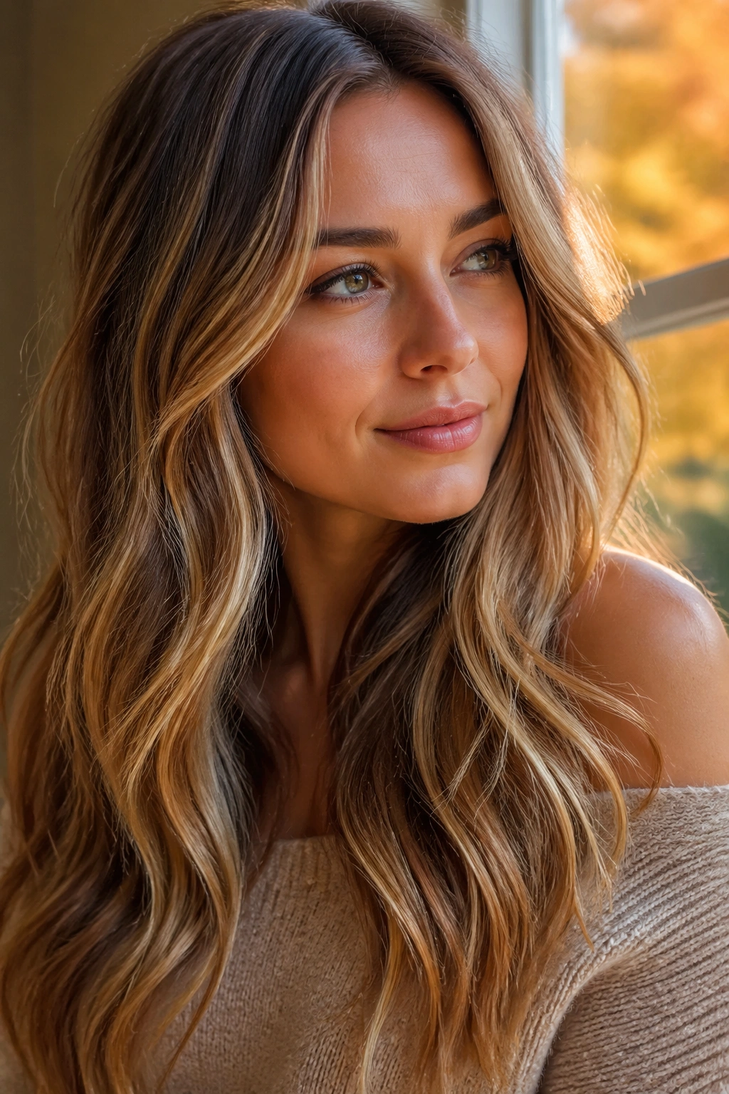 Close-up portrait of a real woman with maple syrup blonde hair in warm autumn light.