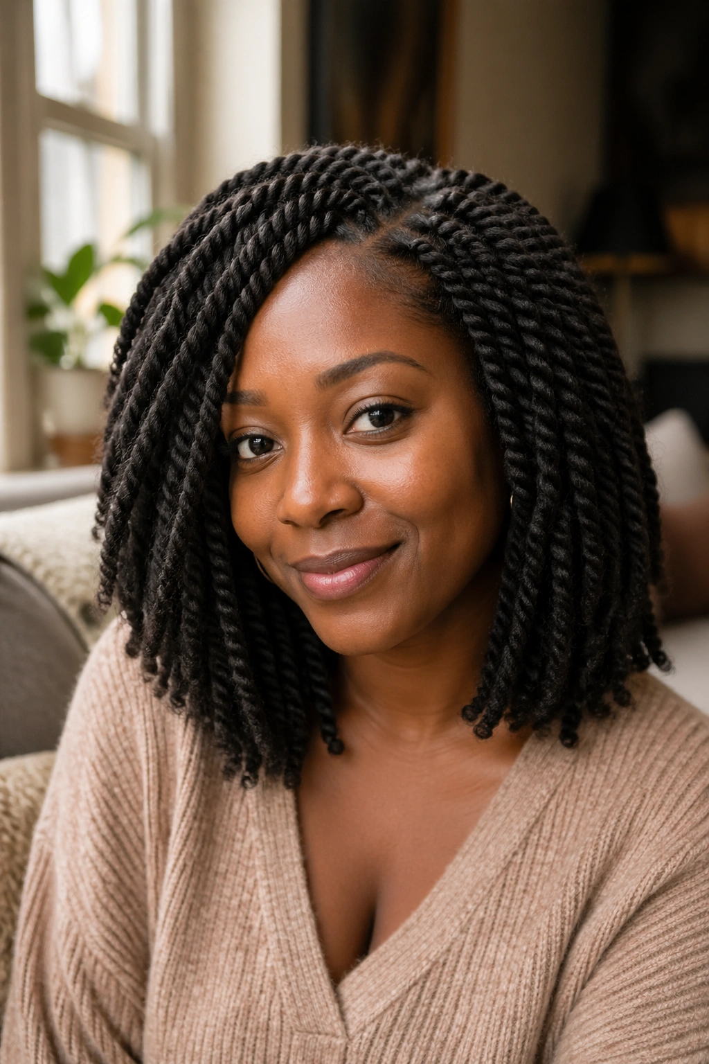 Close-up portrait of a real woman with Marley twist crochet braids and matte texture