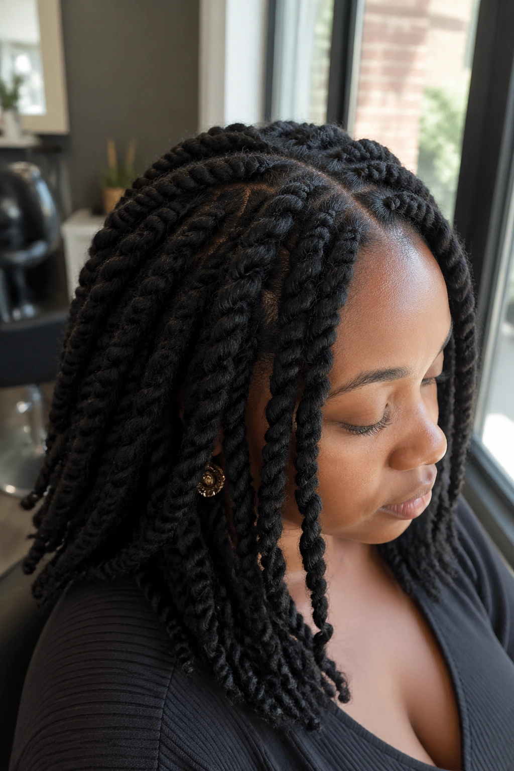 Close-up of Marley twists with matte bulk on a real woman with coily hair