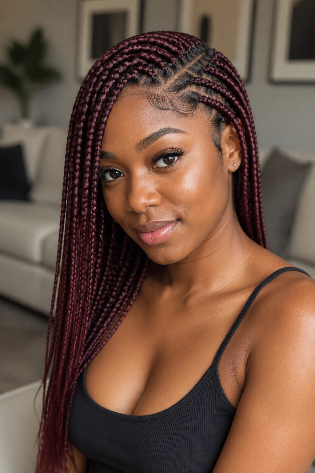 Close-up of a real person with maroon knotless braids parted to the side