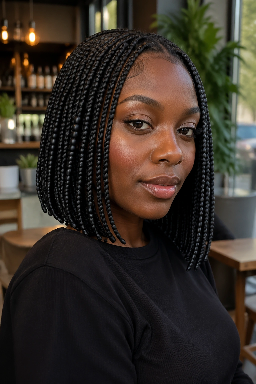 Close-up of real person wearing minimal all-black bob with matte black beads in knotless box braids