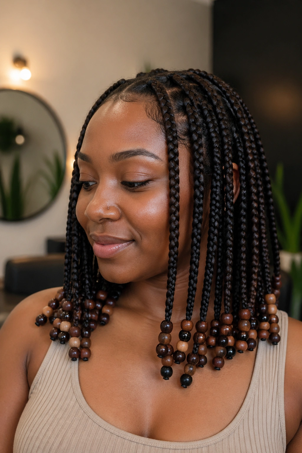 Medium close-up of knotless braids with matte and glossy beads in one color family