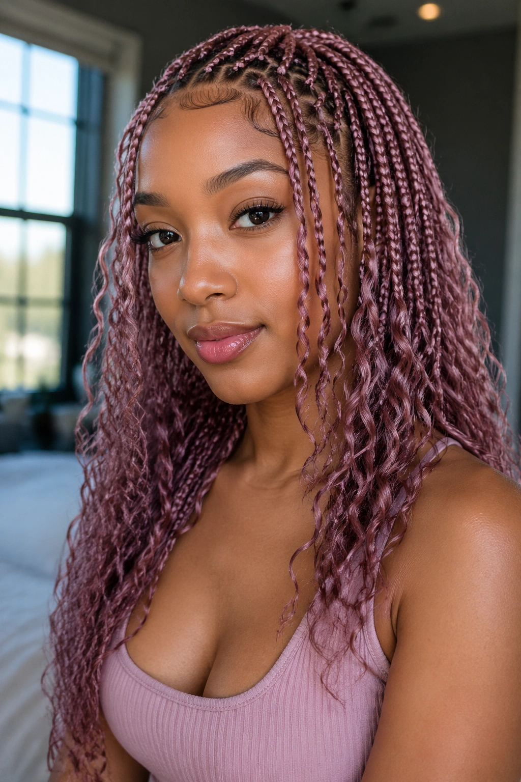 Real-person portrait of mauve pink knotless box braids with face-framing layers